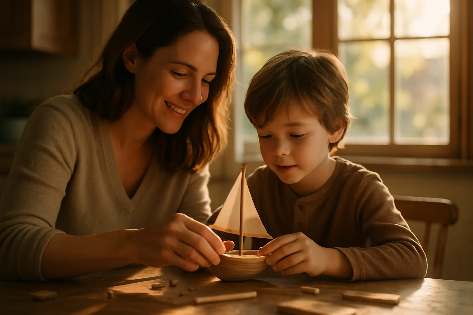 母亲和孩子一起制作手工船只的温馨场景
