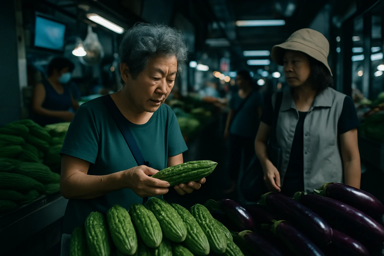 台灣傳統菜市場攤位,攤販展示當季苦瓜與茄子,顏色鮮豔飽滿