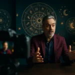 占星師在現代化工作室中使用電腦分析星盤，桌上放著占星書籍和筆記