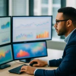 分析師在電腦前進行數據分析工作的辦公室場景