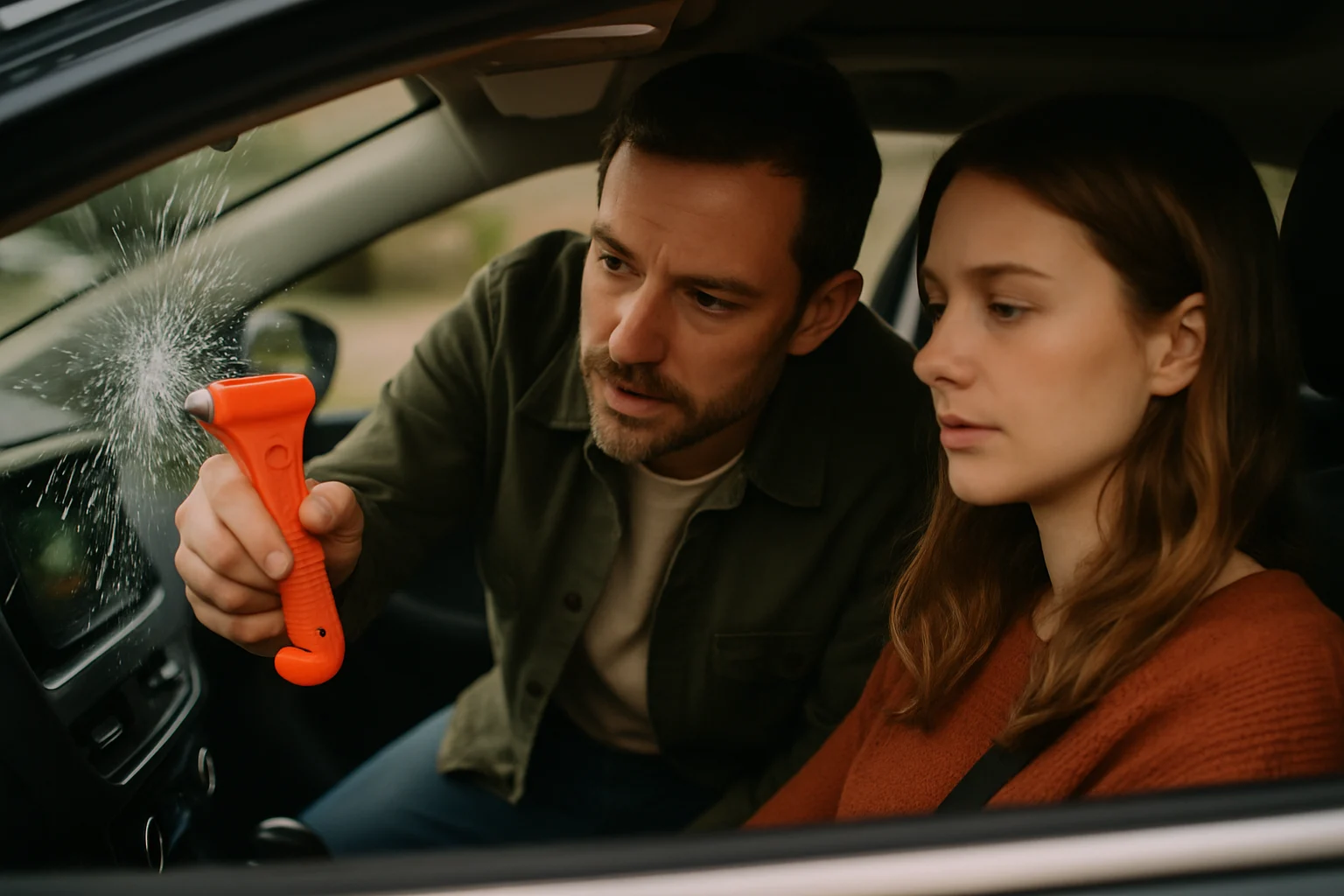 车辆落水自救演示现场,展示用逃生锤击打车窗四角的正确位置和手法