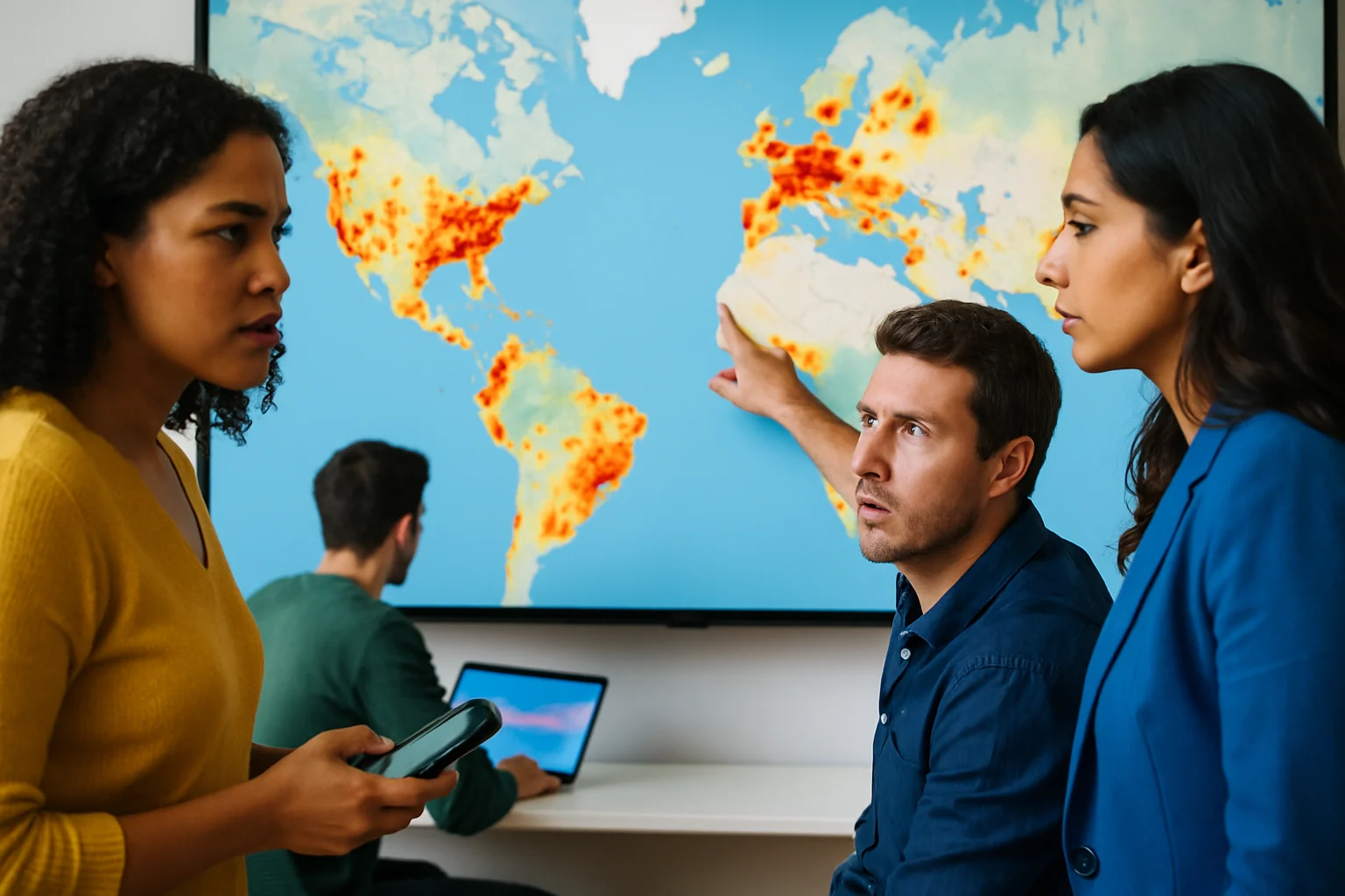 World map showing Claude outage reports concentrated in North America and Europe with heat map visualization