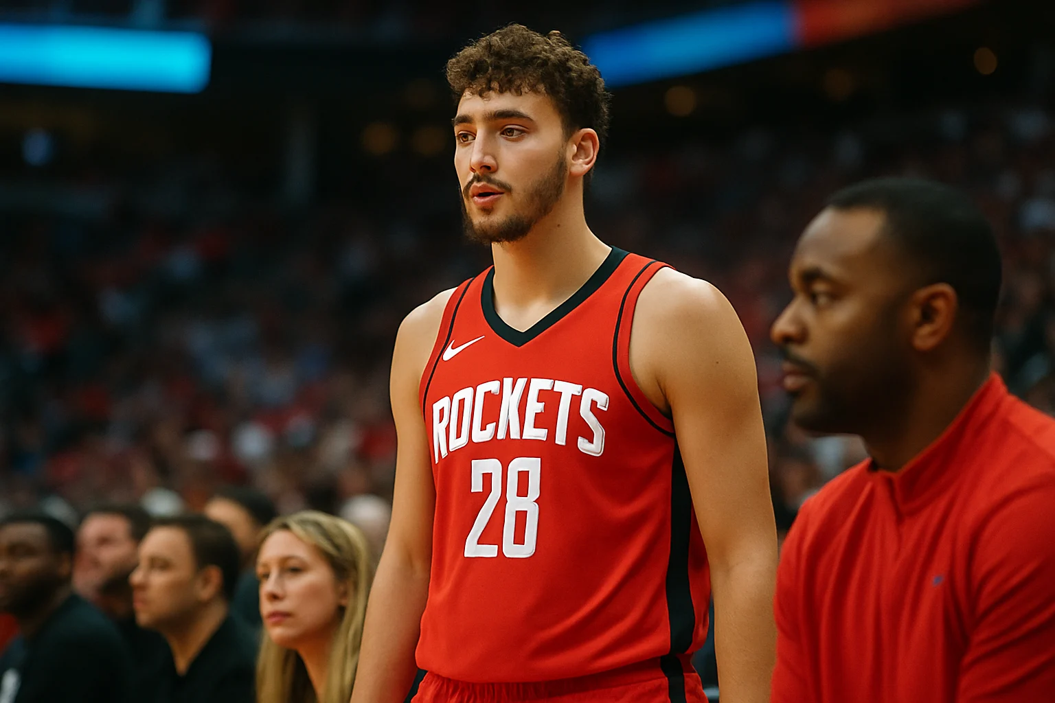 Alperen Şengün standing courtside near the Houston Rockets bench during 2026 NBA playoff pregame warmups