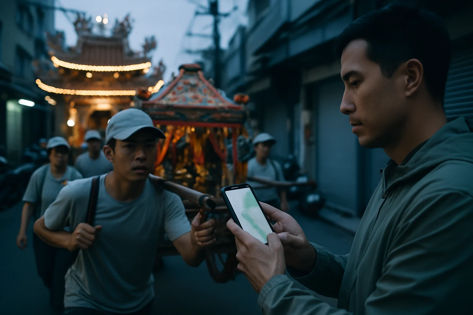 香燈腳使用手機GPS追蹤白沙屯媽祖神轎位置的畫面