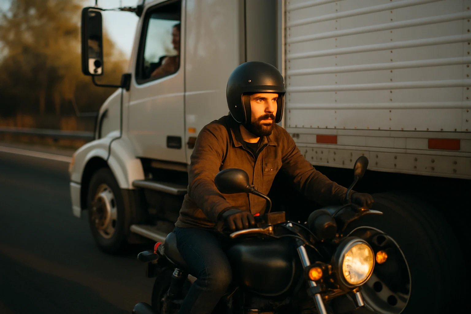 機車騎士在後視鏡中可見位置行駛,與大型車保持安全側距