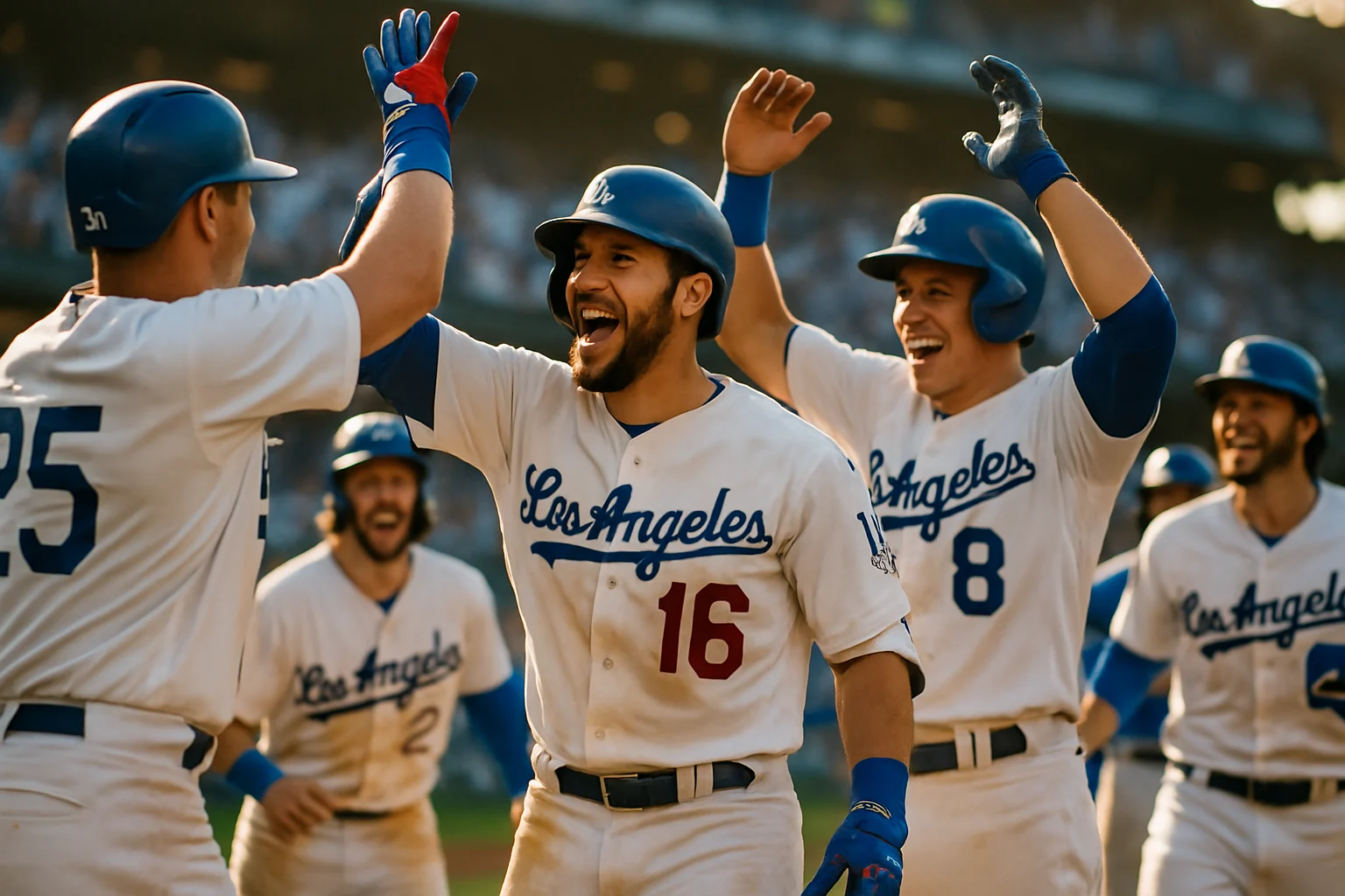 道奇隊球員在本壘板慶祝全壘打，展現團隊凝聚力