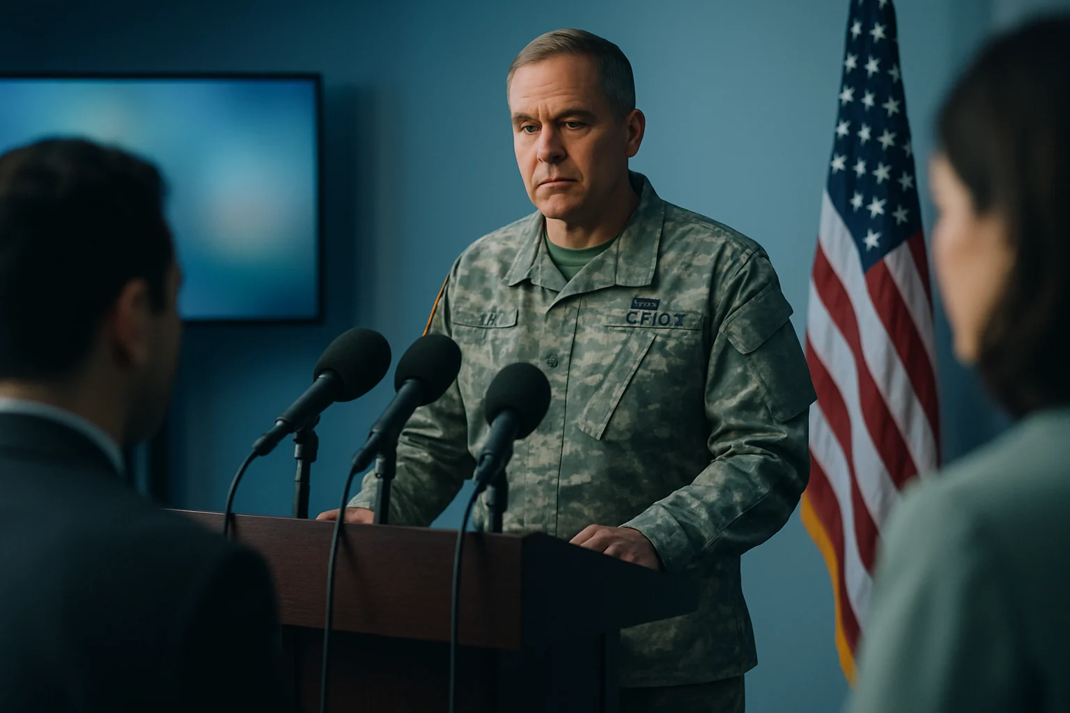 国防部新闻发布会现场,发言人在台上讲话