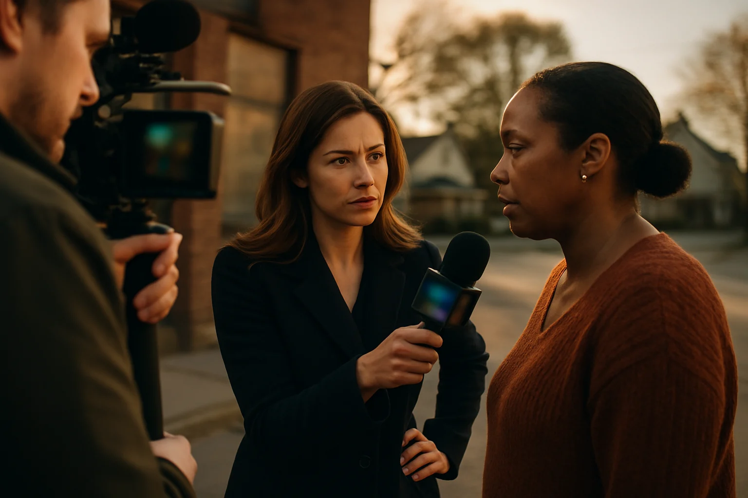 Wood TV 8 news reporter conducting live interview at Grand Rapids city hall during breaking news coverage