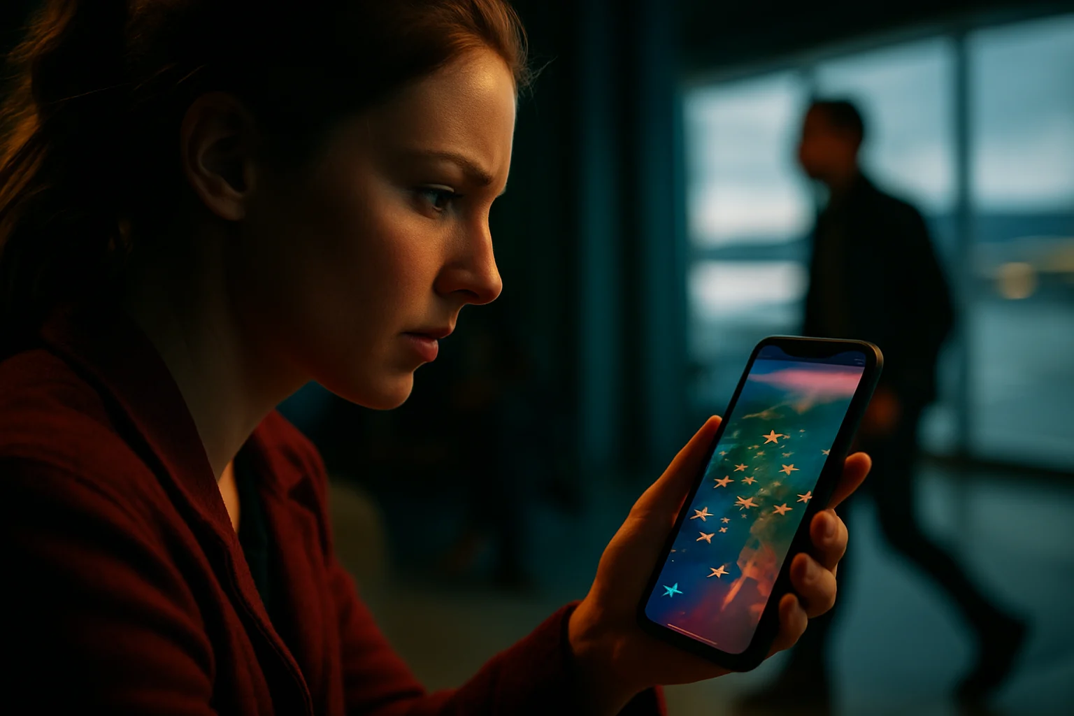 Smartphone screen showing FlightAware live flight delay tracking app with U.S. airport delay map