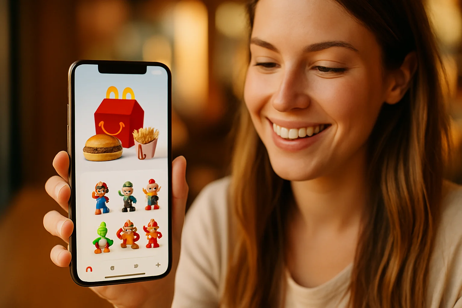 手機APP顯示麥當勞歡樂送訂餐介面，畫面上有兒童餐選項和瑪利歐公仔圖示