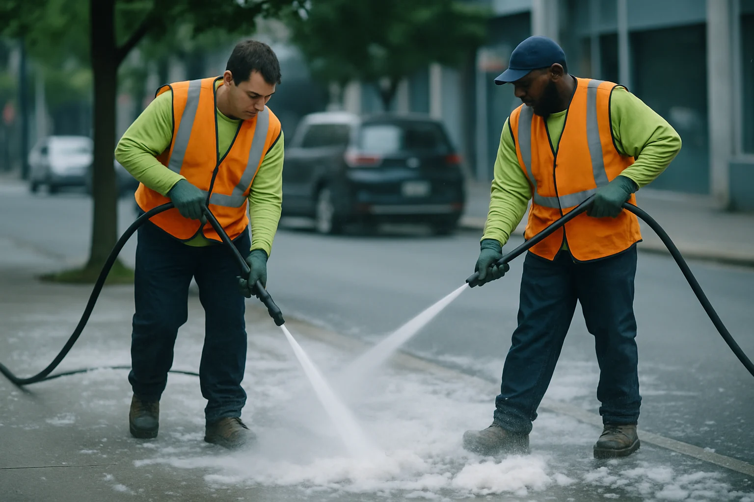 城市工作人员使用高压水枪清理道路飞絮的作业场景