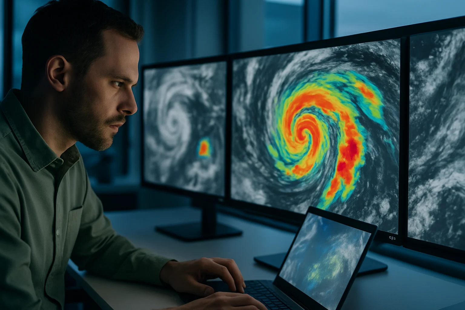 最新気象衛星ひまわり10号からの高解像度雲画像と、AI解析による危険気象パターンの自動検出画面