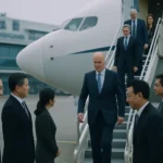 郑丽文抵达上海虹桥机场接受鲜花与宋涛握手问候的现场画面