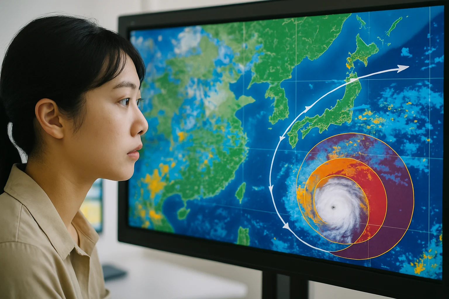 台風4号の衛星画像と進路予想図、日本列島への影響範囲を示すレーダー画像