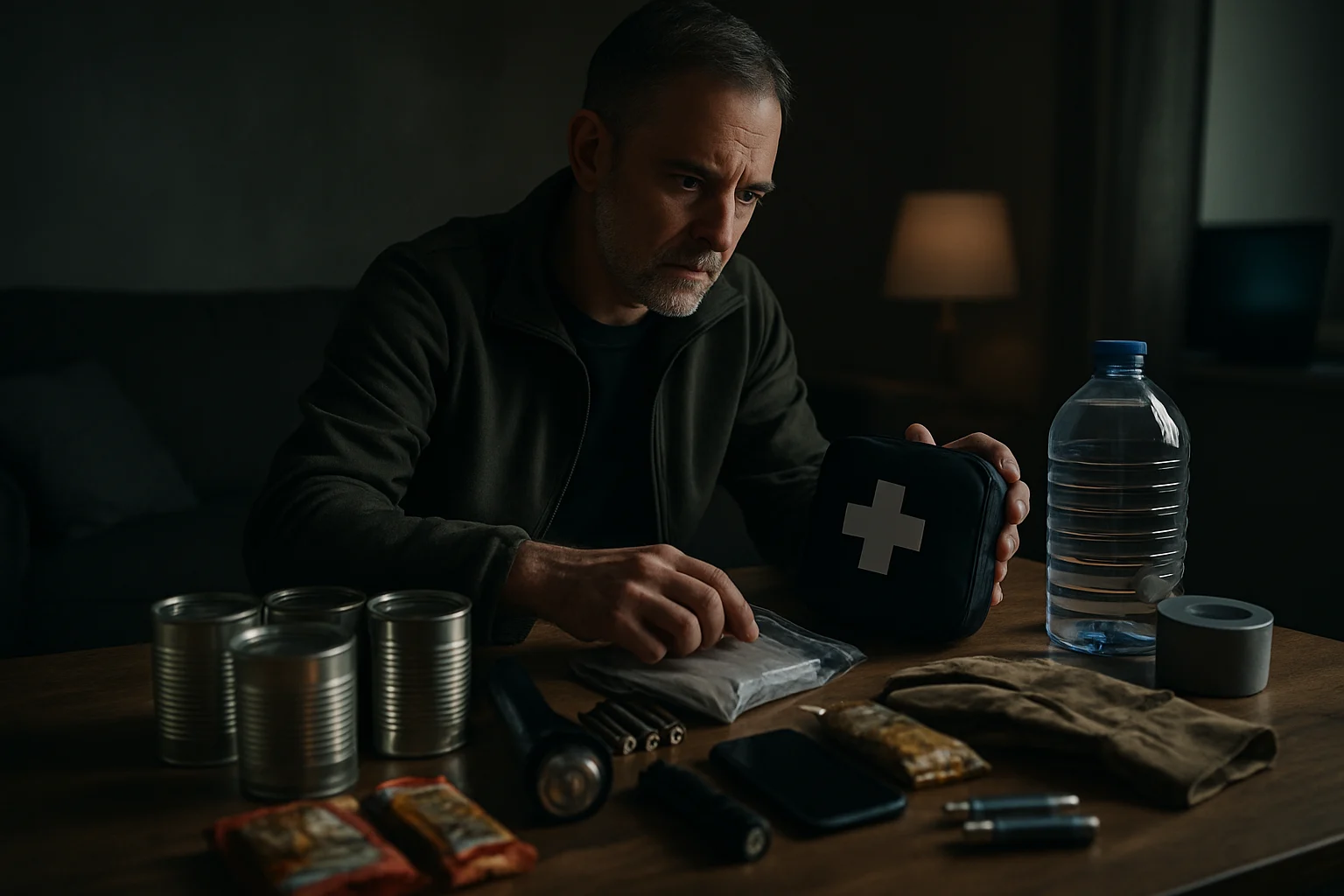 Emergencypreparednesskitlaidoutonatableincludingweatherradio,flashlight,waterbottles,andfirstaidsuppliesforsevereweatherreadiness