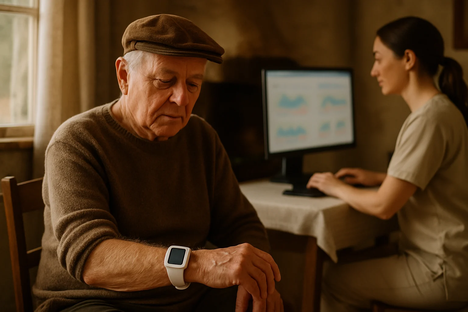 农村老人使用智能健康监测设备，工作人员远程监控健康数据