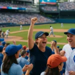 MLB大聯盟球場全景，球員在場上對決，看台坐滿球迷