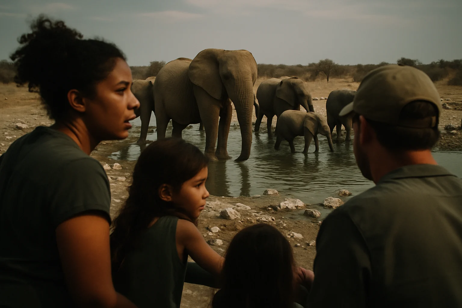 नामीबिया के एटोशा नेशनल पार्क में हाथियों का झुंड बनाम स्कॉटलैंड के एडिनबर्ग कैसल का रात का दृश्य