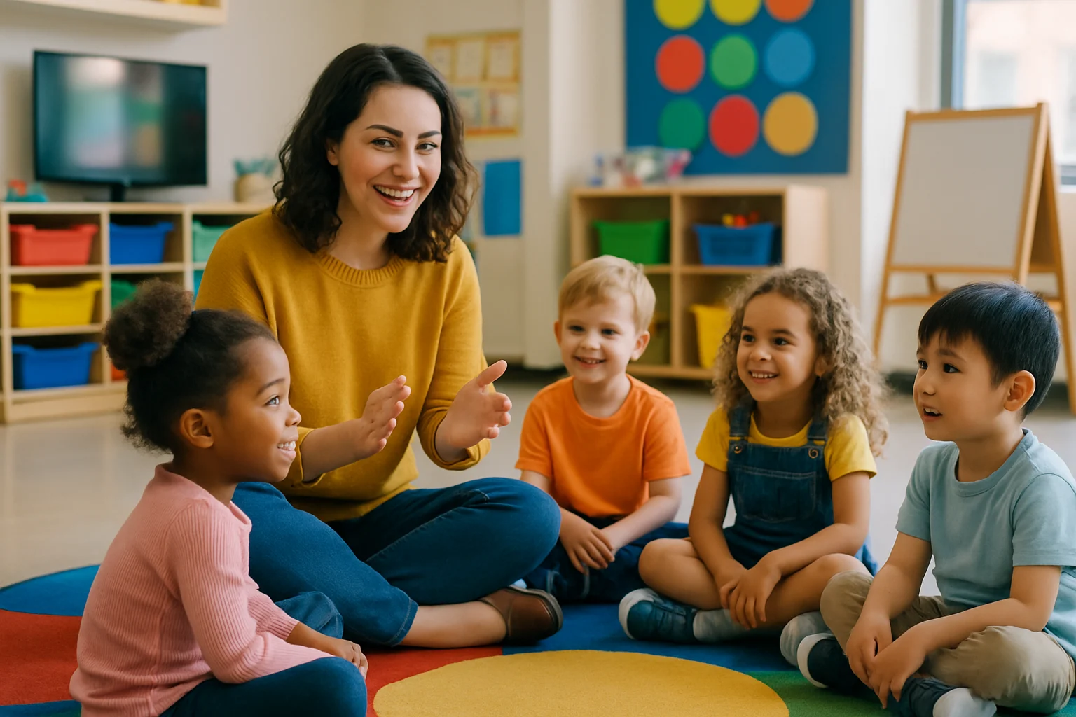 幼儿园教室内,老师蹲下身子与孩子们平视交流,孩子们围成一圈认真听讲的场景