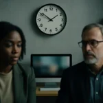 上班族在办公室望着时钟等待下班，桌上摆着午餐便当，取消午休与提前下班的职场抉择场景