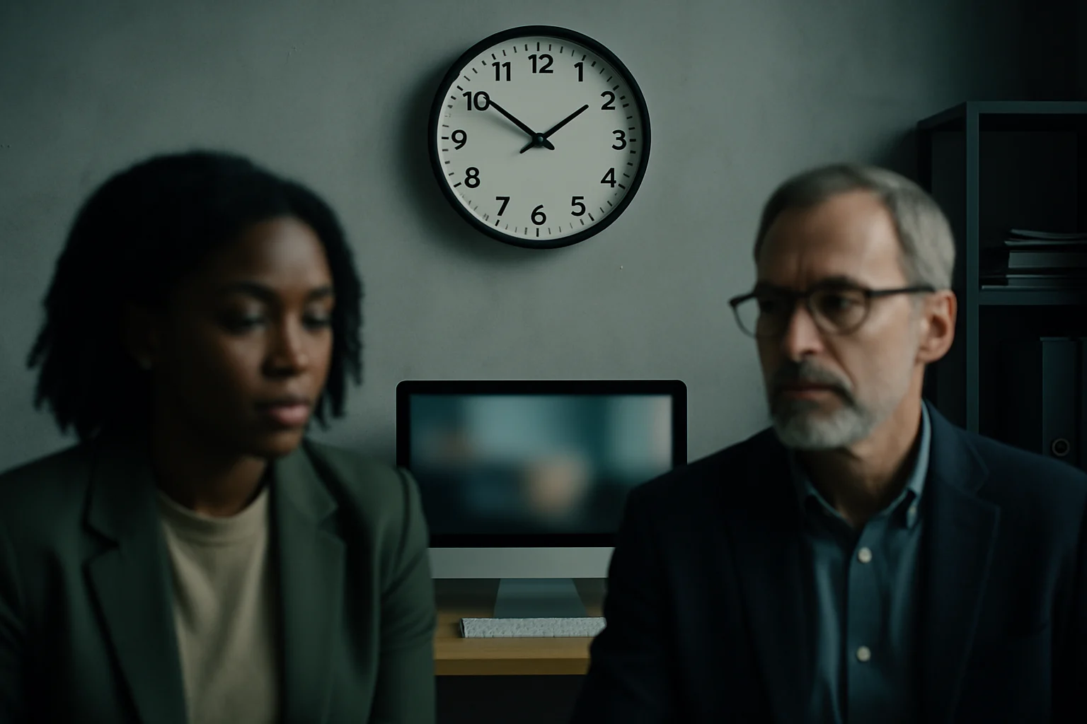 上班族在办公室望着时钟等待下班,桌上摆着午餐便当,取消午休与提前下班的职场抉择场景