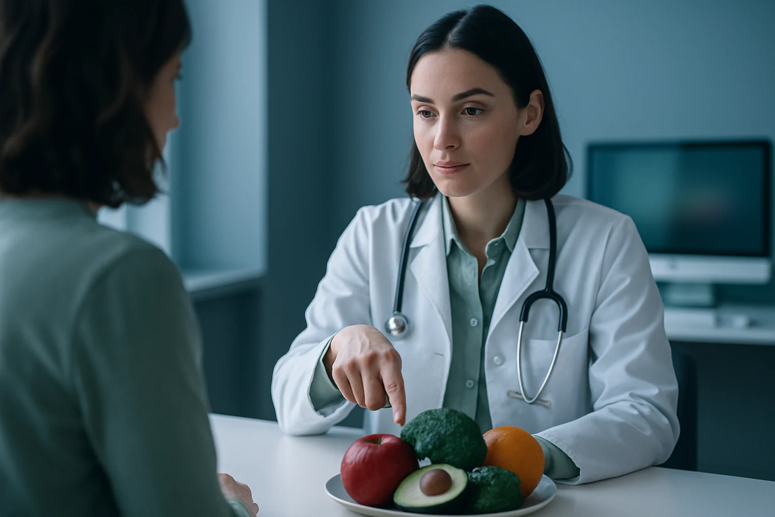 营养师指着人体图表解释蛋白质不足的各种症状表现