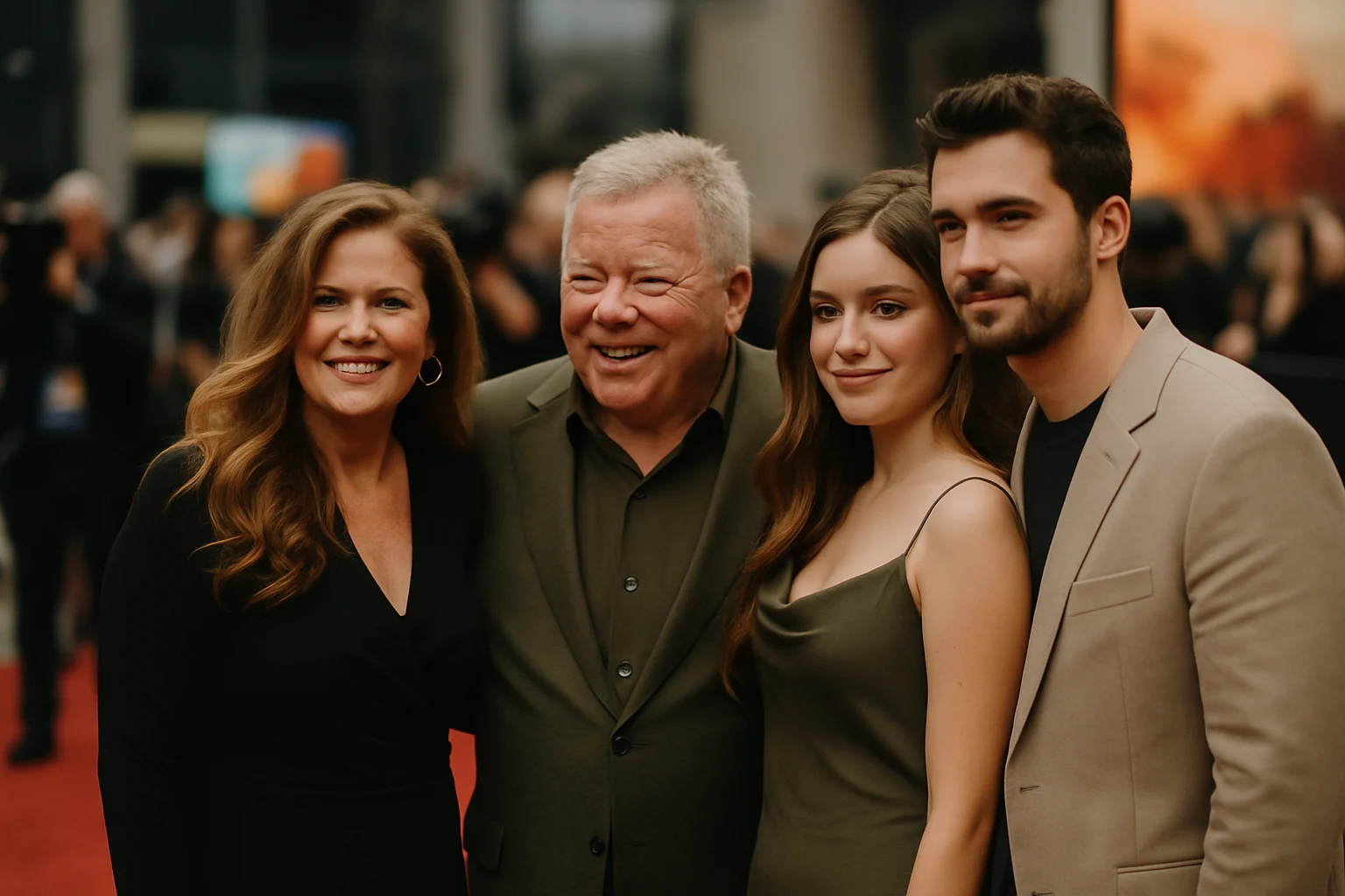 William Shatner with his family at a red carpet event, smiling warmly while surrounded by his daughters