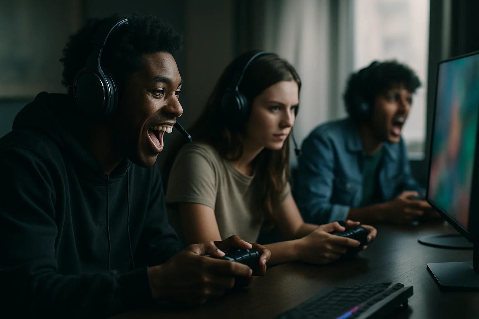 Steam遠端同樂功能示意,四位玩家透過網路連線共同遊玩同一款遊戲