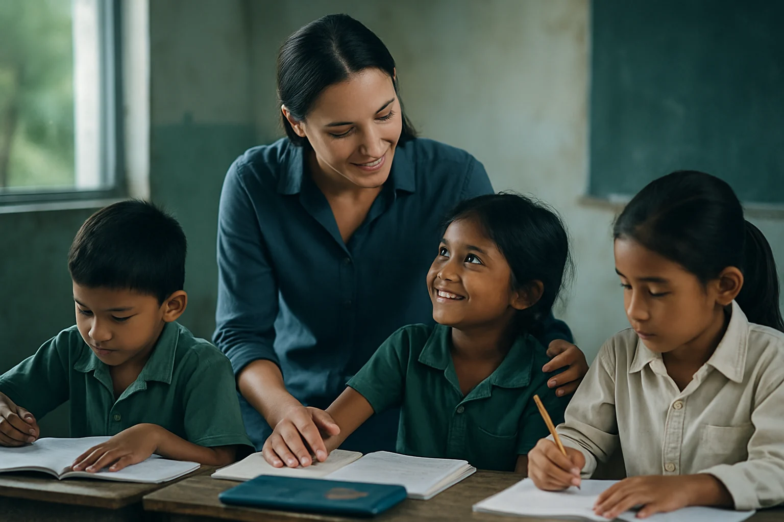 老师在教室里关心照顾留守儿童的温馨场面