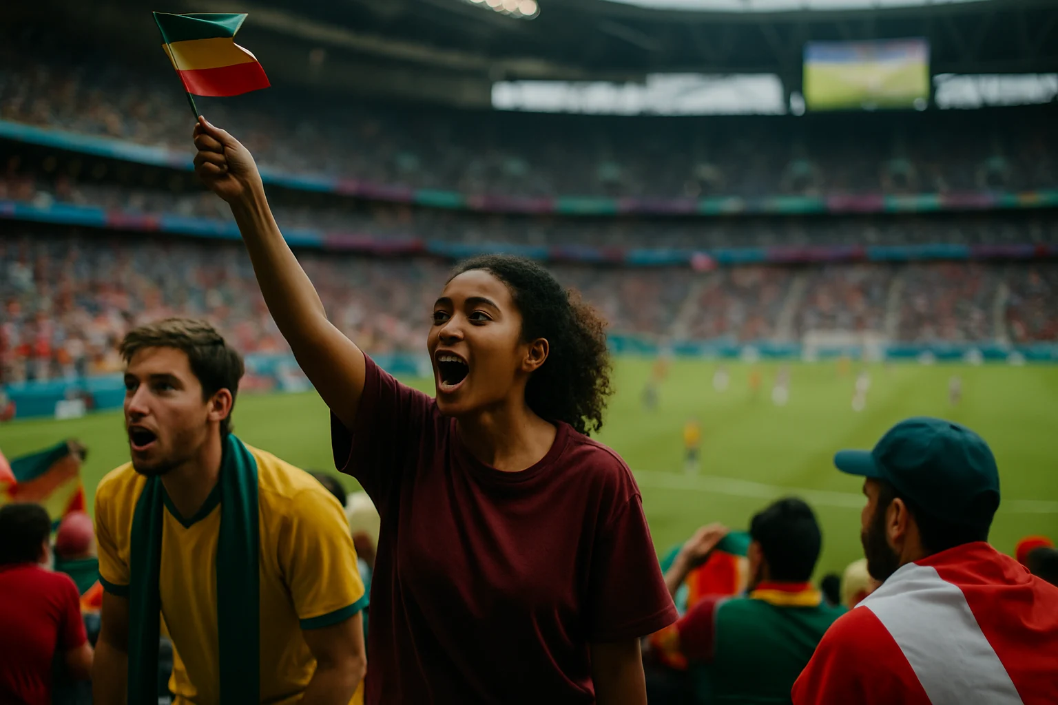 球迷使用多個串流平台觀看世界盃足球轉播,手機、平板、電視螢幕同時顯示不同賽事畫面