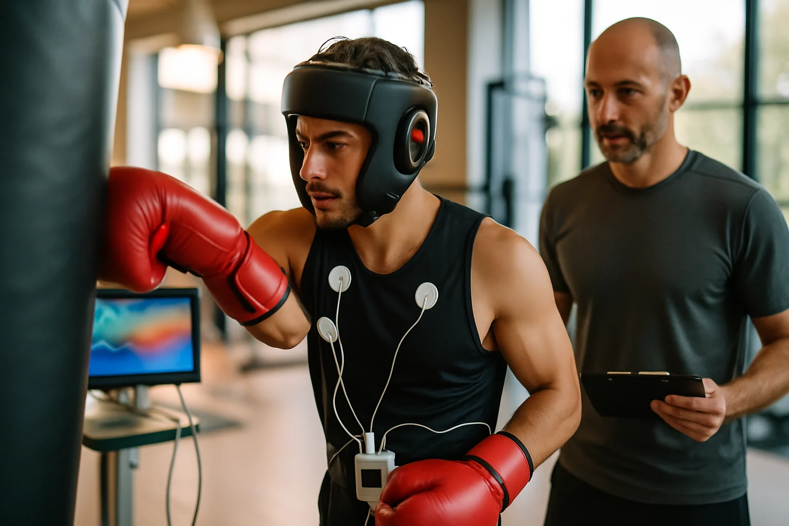 拳击手进行科学训练和健康管理的场景，展示正确的运动方式