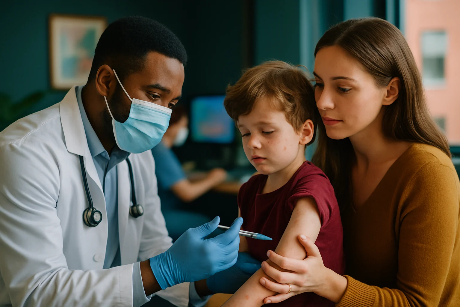 麻疹病毒感染後皮膚出現紅色斑丘疹的典型症狀示意圖