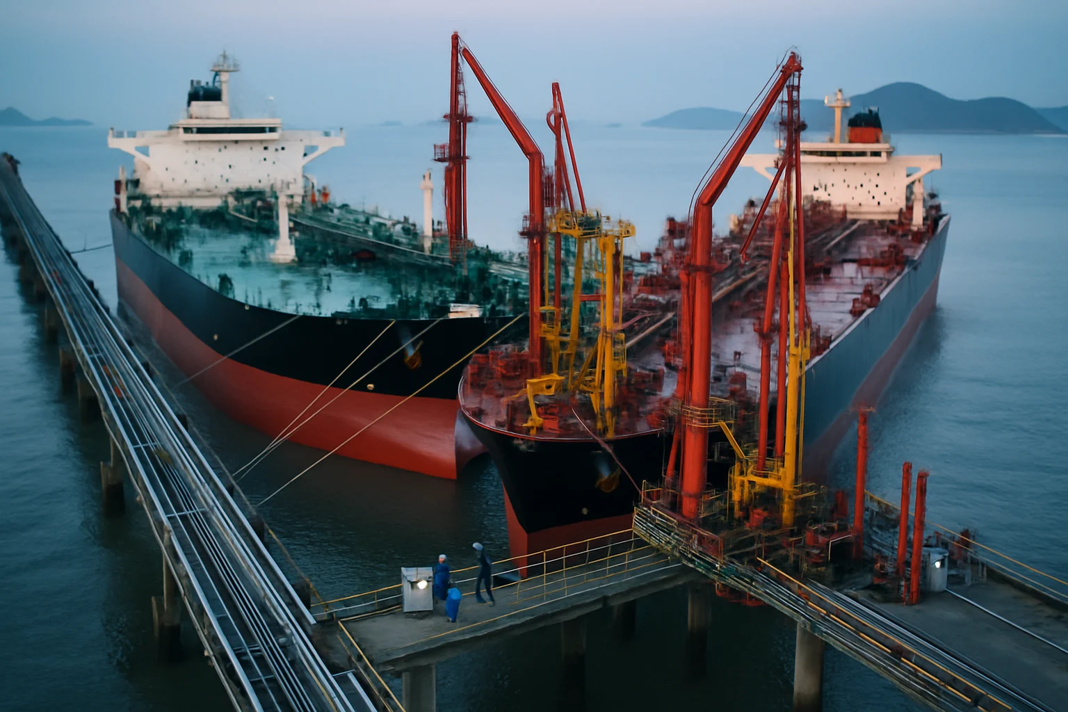 舟山港口大型油轮停靠装卸作业现场俯瞰图