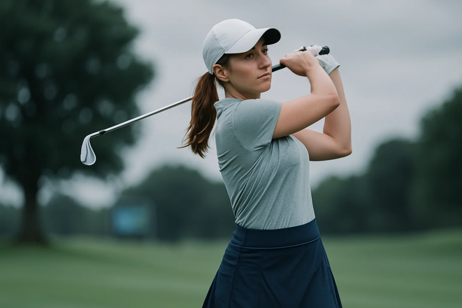 岩井明愛がアイアンショットを放つフォームの正面から撮影されたシーン