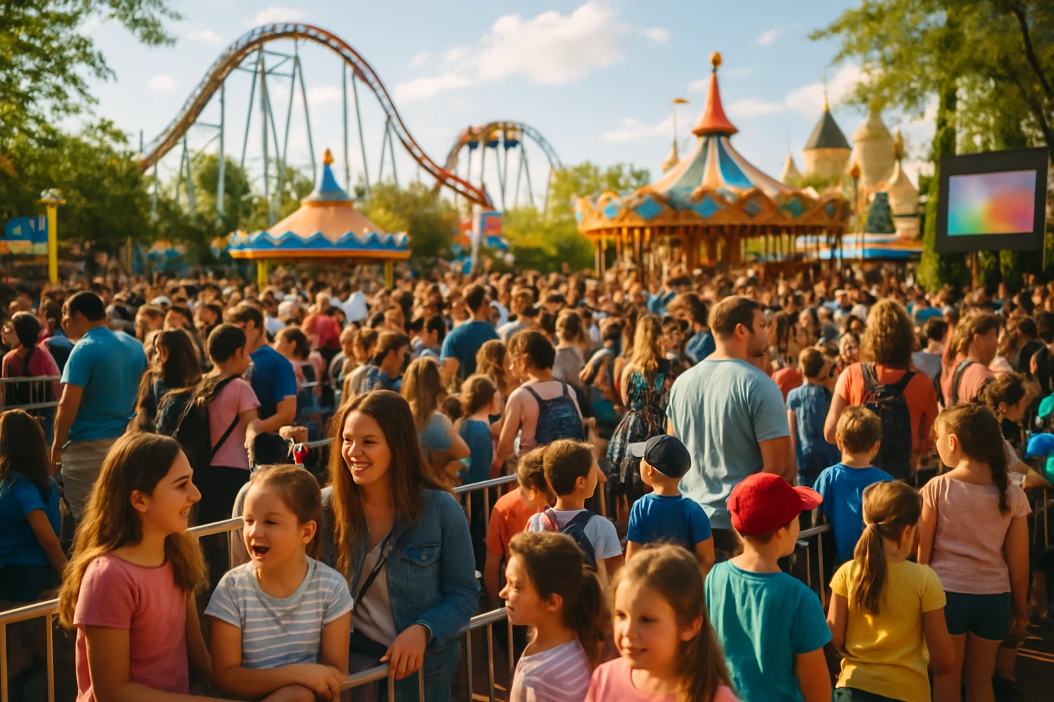 春假期间全国各大景区游客爆满，亲子家庭在主题乐园排队游玩的热闹场面