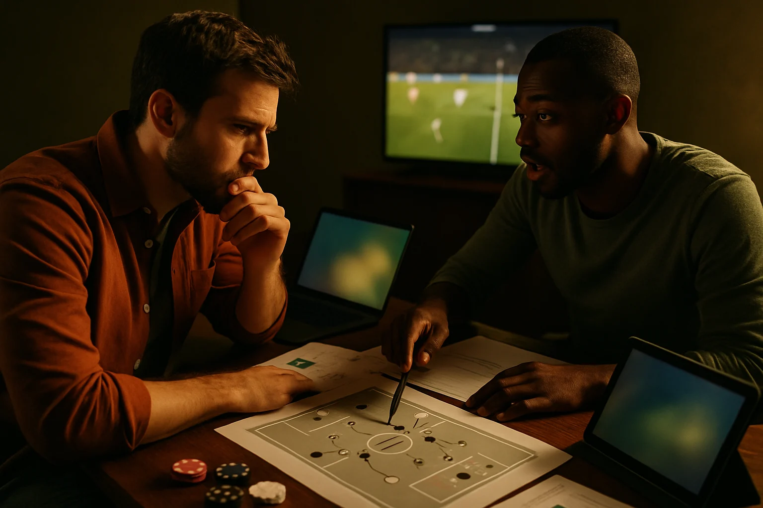 足球運彩投注選盤分析,桌上擺著賽事數據表與筆記本