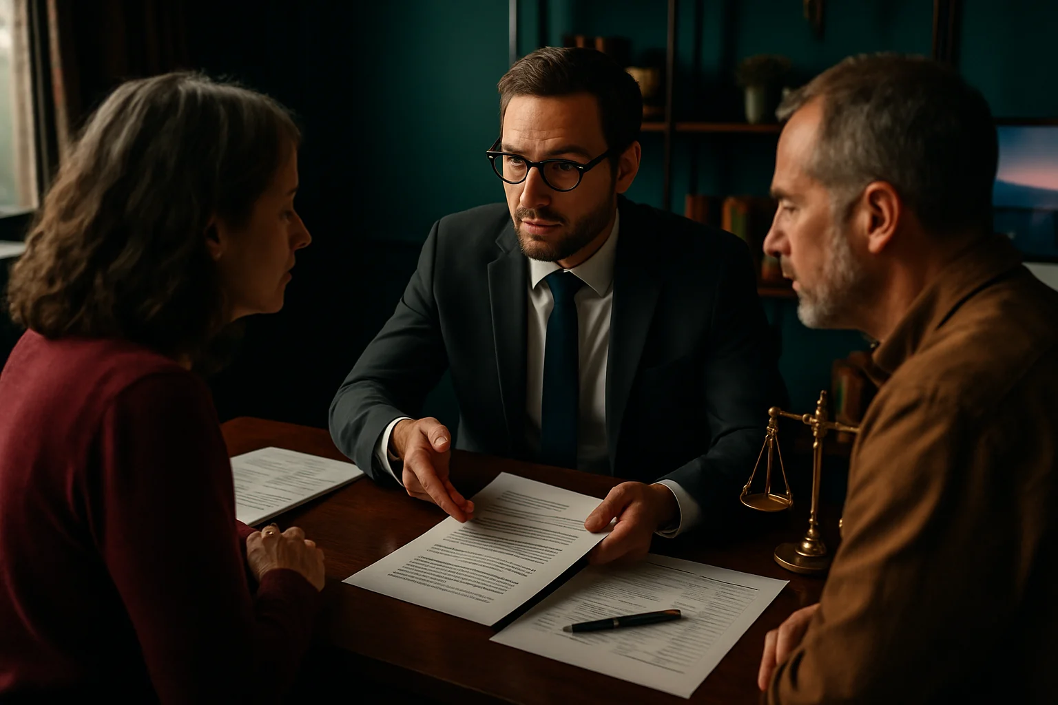 律师在办公室为客户讲解遗产规划方案,桌上摆放着财产清单和法律文件