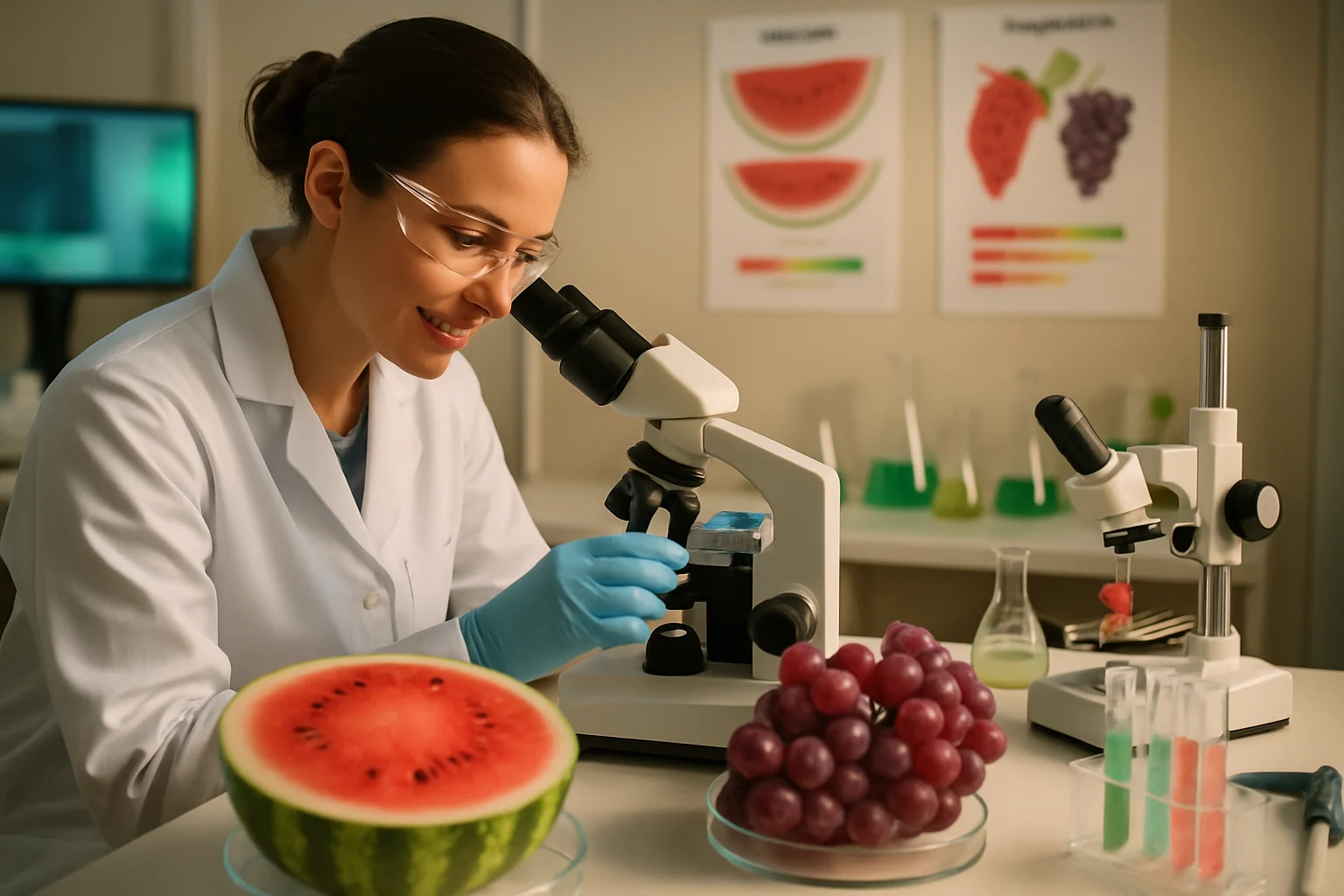 各种高甜度水果摆放在水果摊上，包括西瓜、葡萄、桃子等现代品种