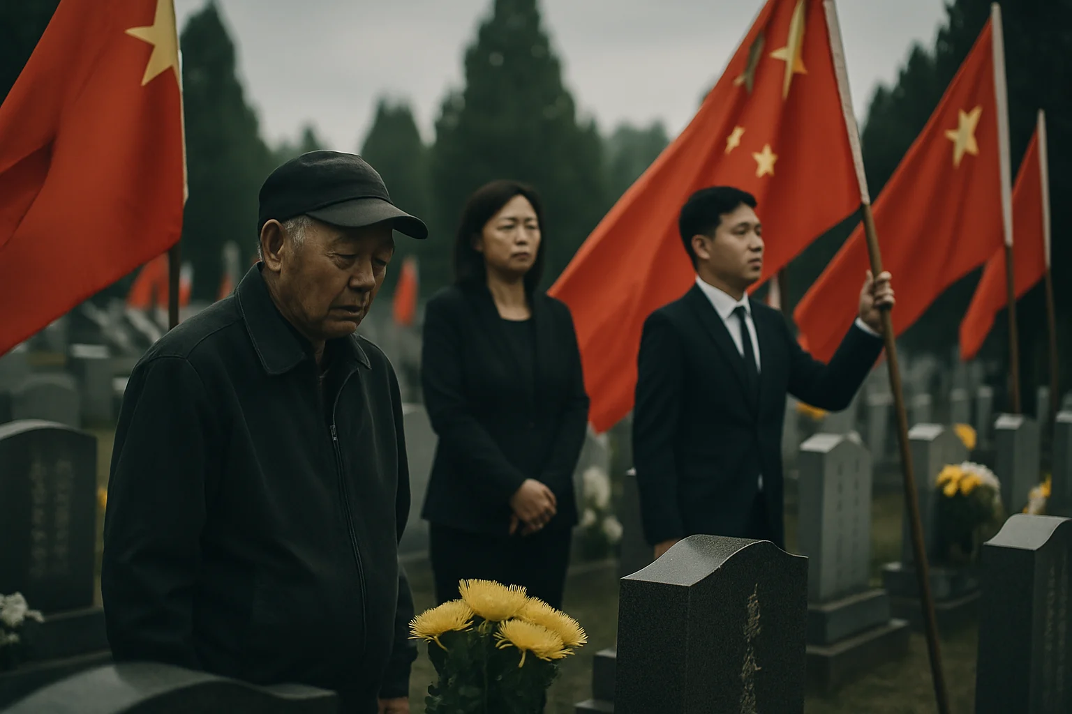 沈阳中国人民志愿军烈士陵园入口及周边红色旗帜装饰迎接烈士遗骸归葬