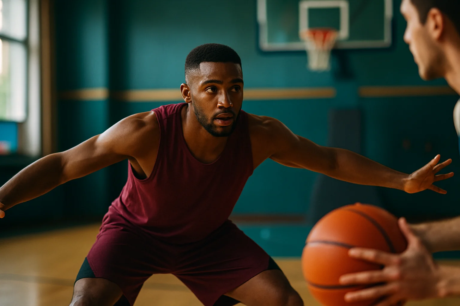 NBA球員在比賽中進行防守站位,雙手張開干擾對手傳球路線