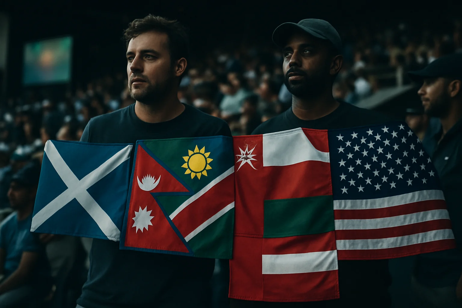 ICC CWC League 2 के विभिन्न देशों के झंडे एक साथ cricket stadium में