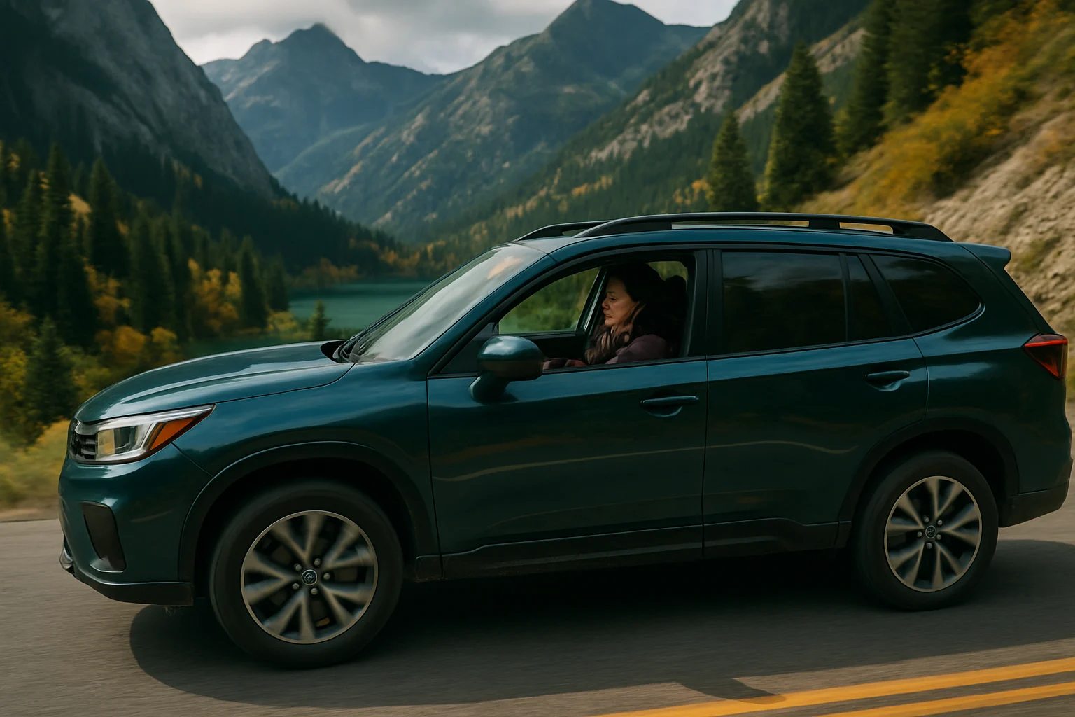 豐田RAV4車主在山區道路駕駛的側面照