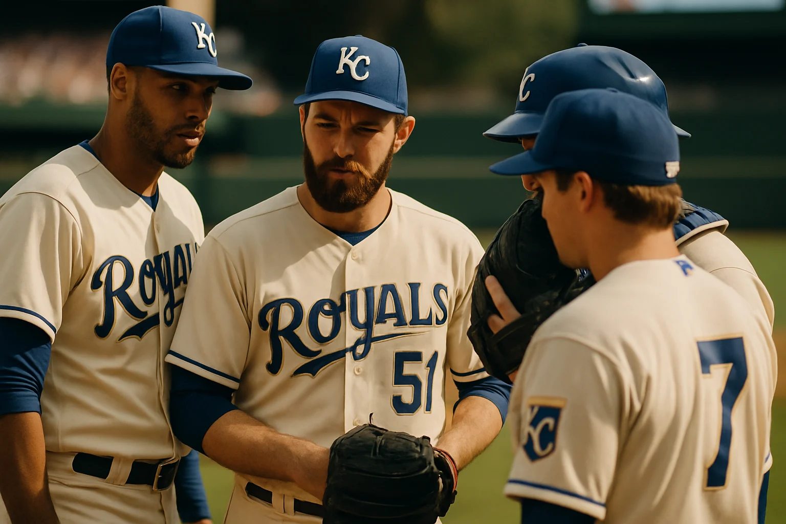 कैनसस सिटी रॉयल्स के खिलाड़ी मैदान पर रणनीति बनाते हुए