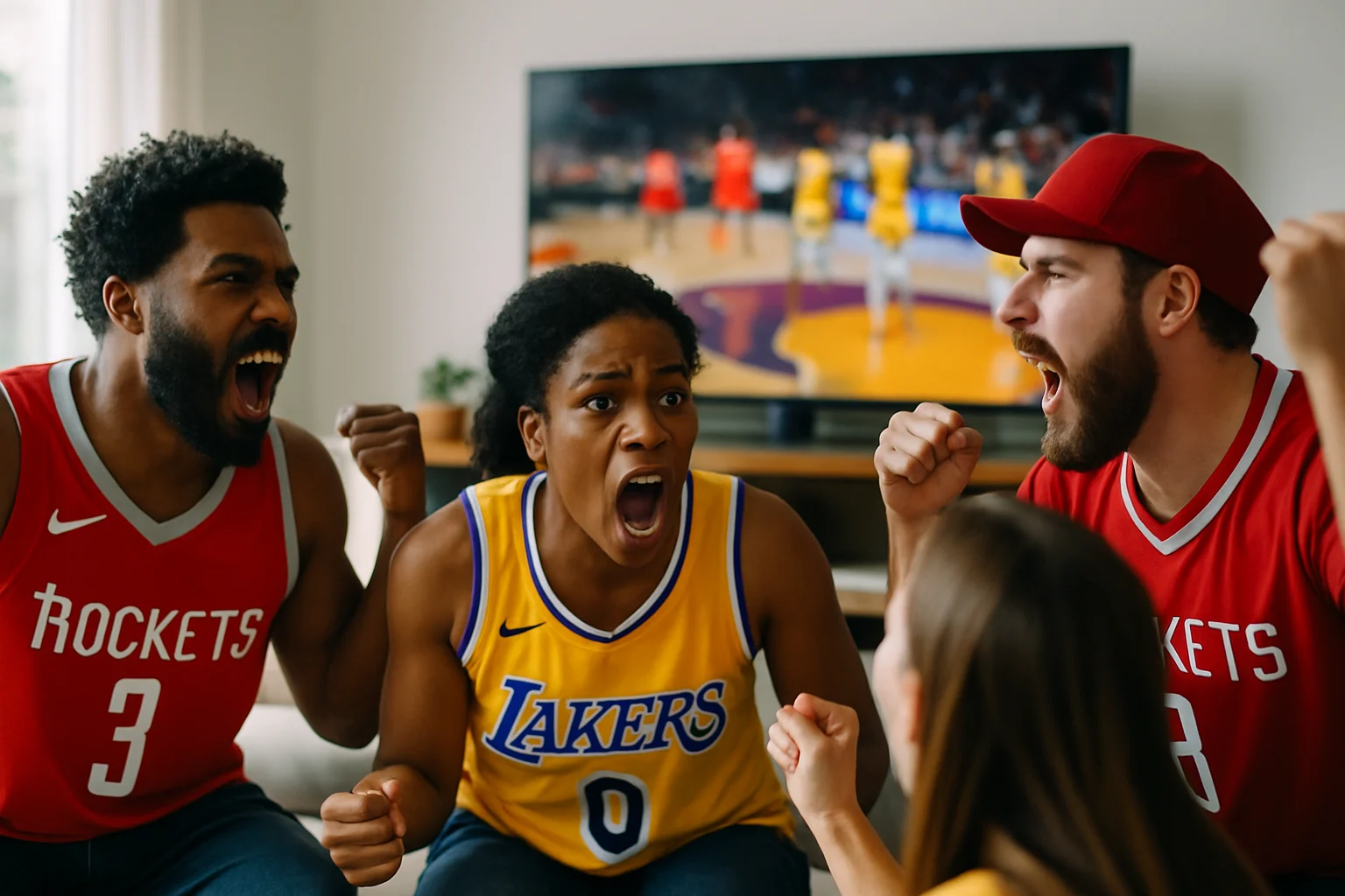 LeBron James and Kevin Durant in a fierce basketball game, mid-action, representing the Rockets vs Lakers rivalry