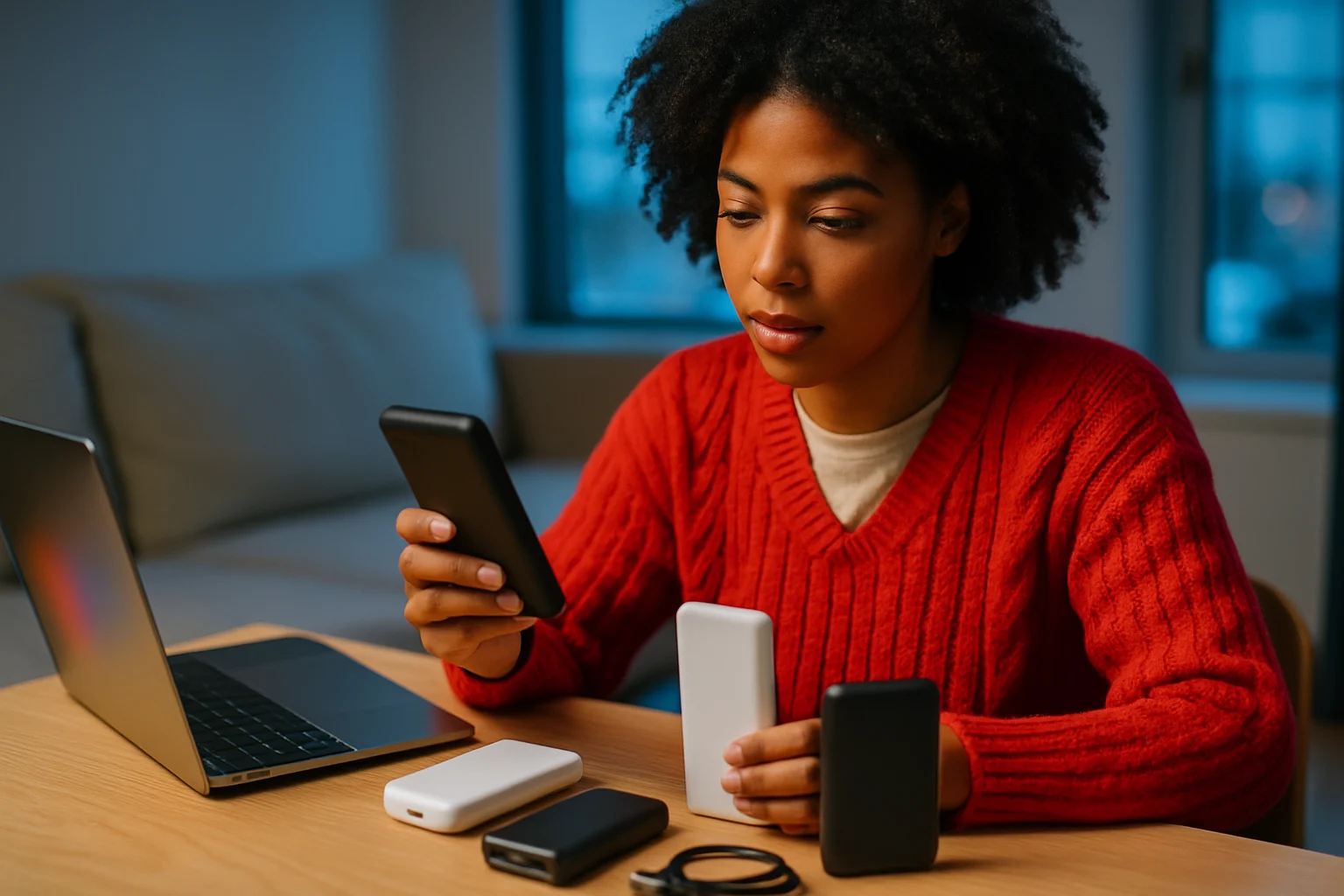 各種品牌行動電源排列比較，包含Anker、SAMSUNG、ADATA等款式放在桌面上