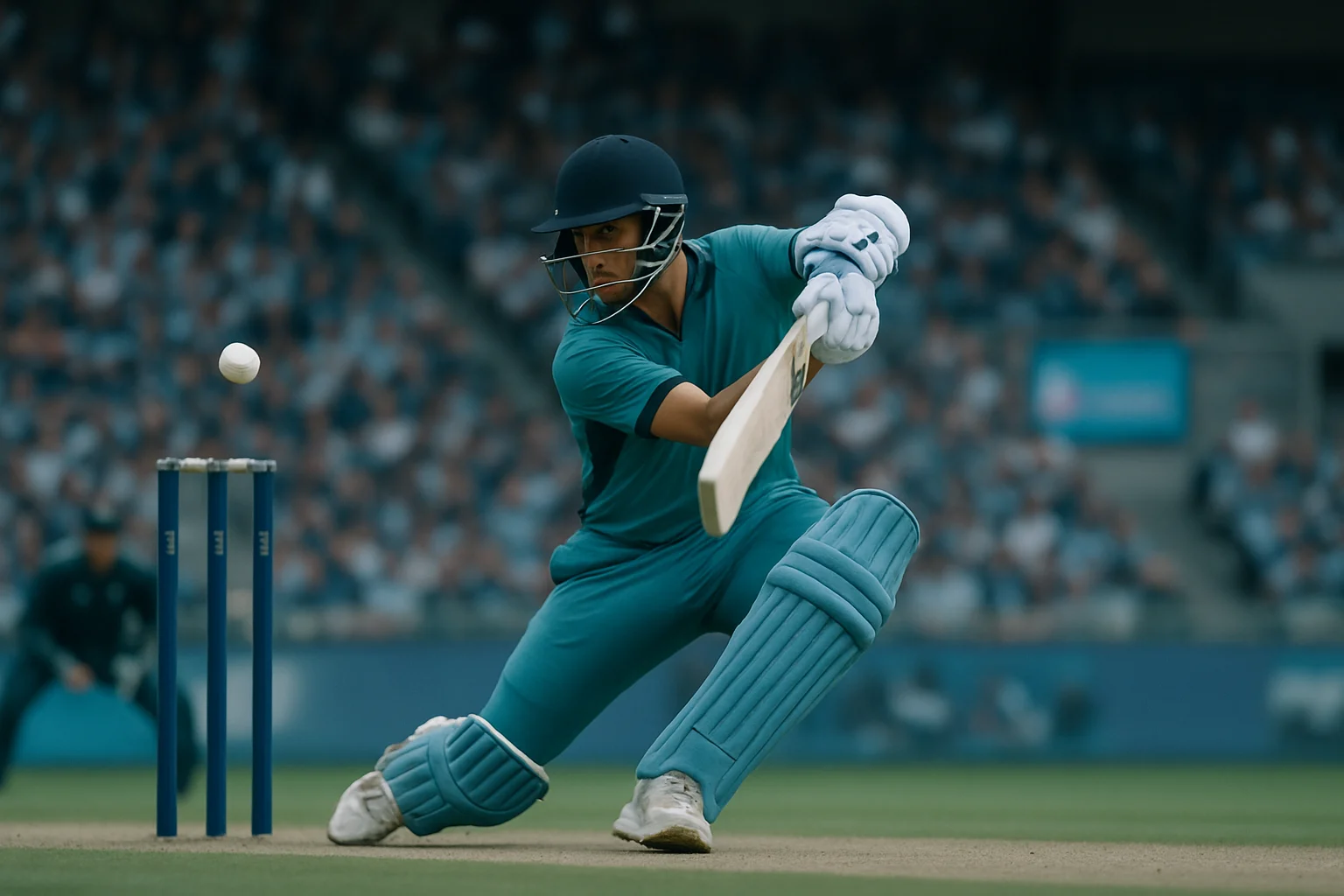 T20 batsman playing innovative shot with wicket keeper and fielders