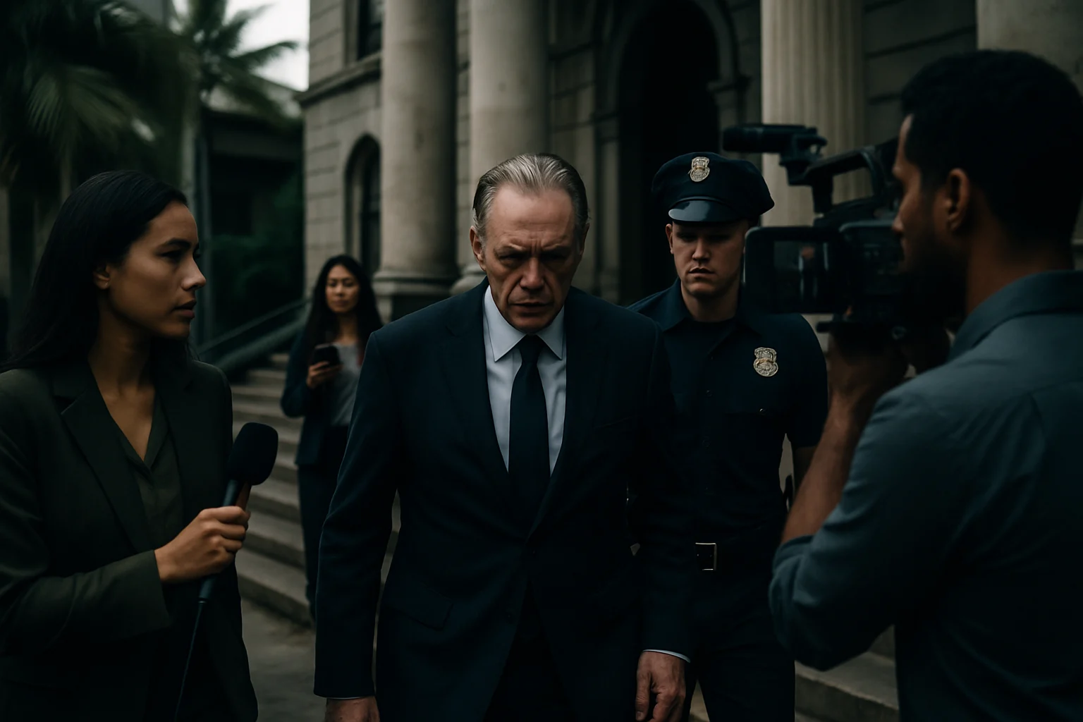 Honolulu courthouse where Gerhardt Konig trial took place with media gathered outside