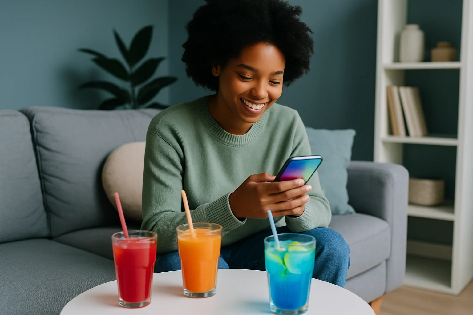 球迷在酒吧或客廳中,一邊透過大螢幕觀看世界盃足球轉播,一邊使用手機與朋友在社群媒體上互動討論,桌面擺放著零食飲料