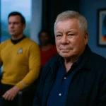 William Shatner speaking at a press conference in 2026, wearing a dark suit and gesturing enthusiastically