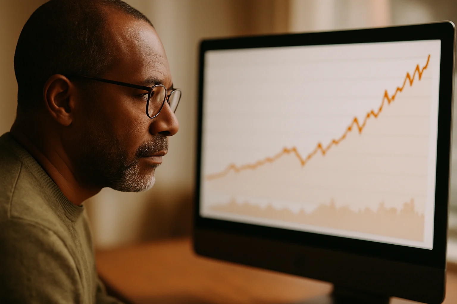 投資人在電腦螢幕前對照兩檔ETF的年化報酬率與累積報酬率數字